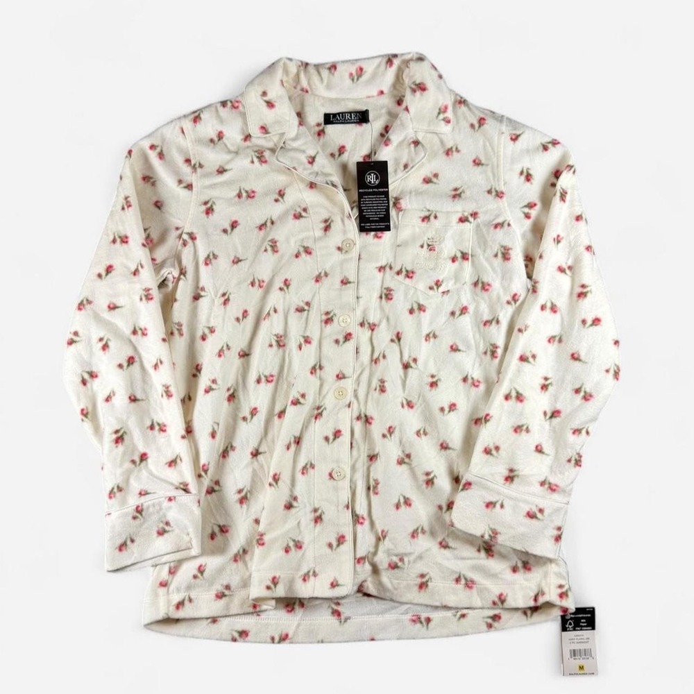 NEW Lauren Ralph Lauren White Floral Sleepwear Top Button Up Size M
